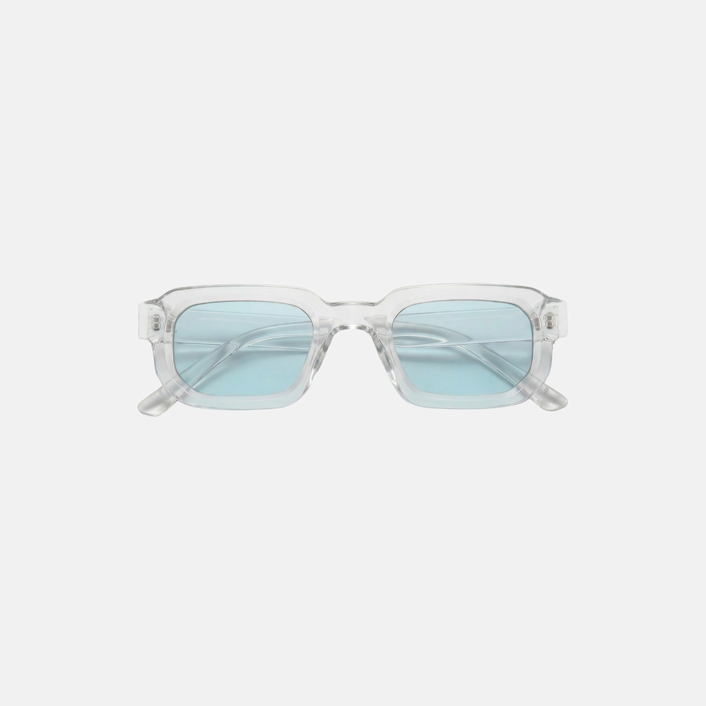 Sunglasses with light blue lenses on a white background